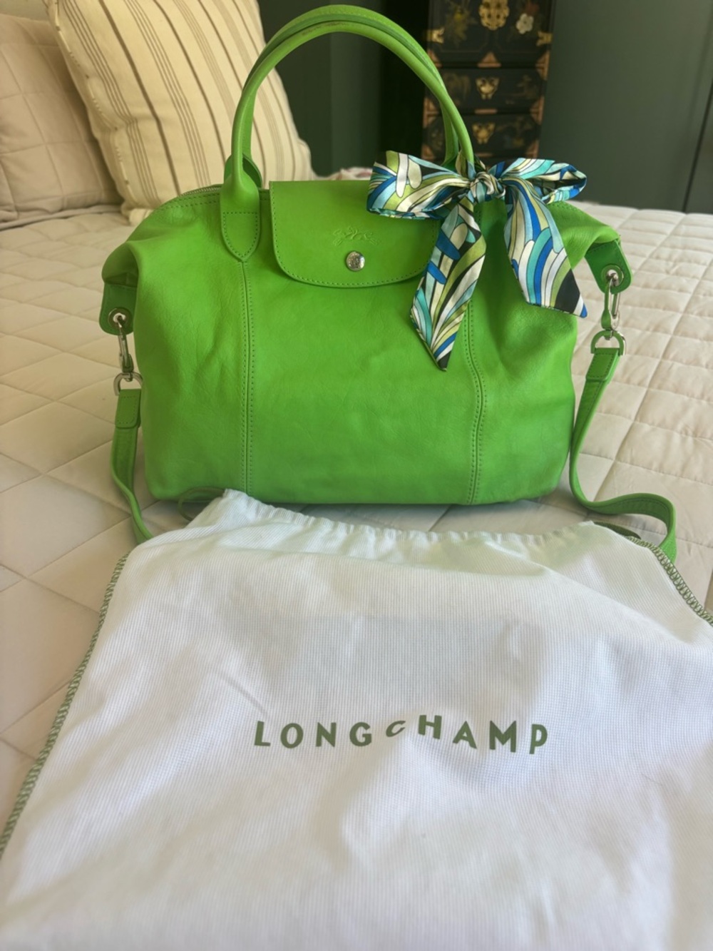 Longchamp Lime Green Leather Satchel with a Longchamp Decorative Scarf